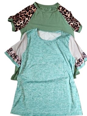 Green Leopard Sleeve Raglan Tee + Mint Heather Raglan Top